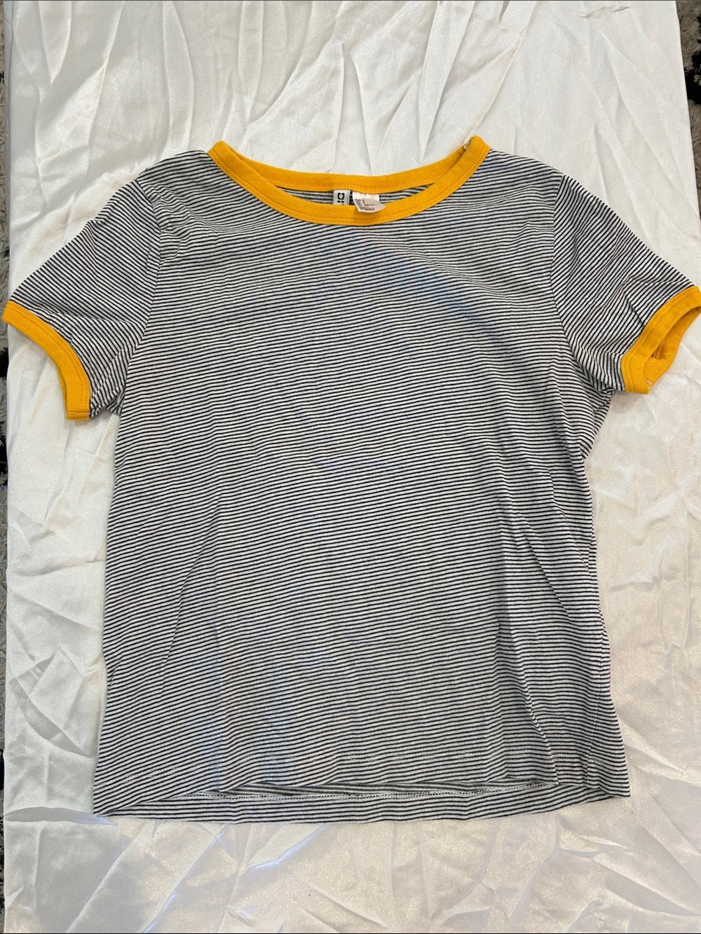 Divided Black & White Striped Tee with Yellow Trim